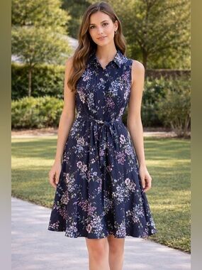Nanette lepore beautiful Sleeveless Navy Floral Tie-Waist Dress size 6